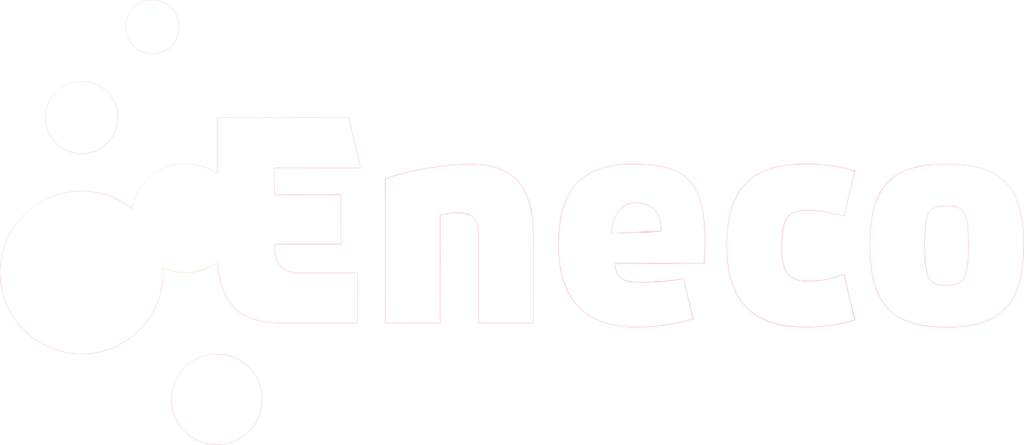 Wit Eneco-logo met ronde vormen op een zwarte achtergrond.