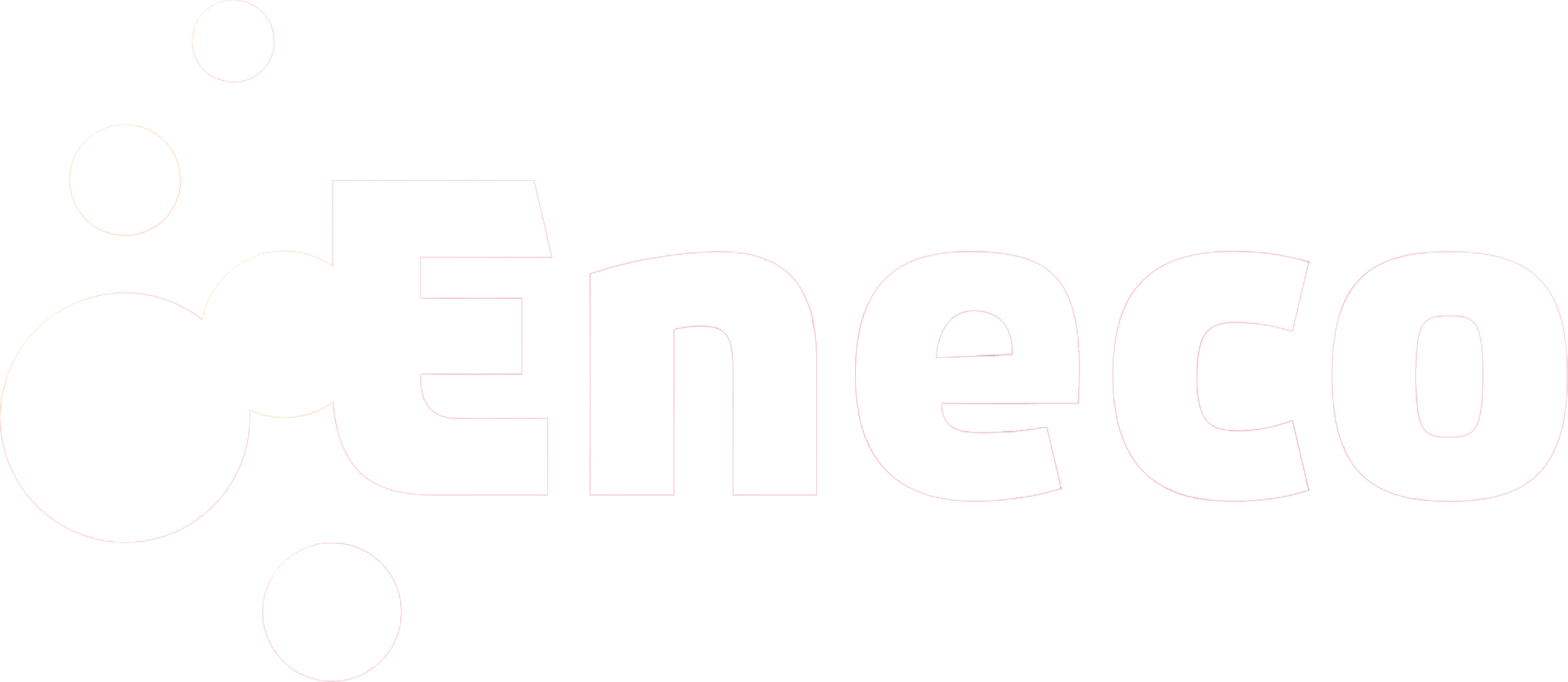 Wit Eneco-logo met ronde vormen op een zwarte achtergrond.